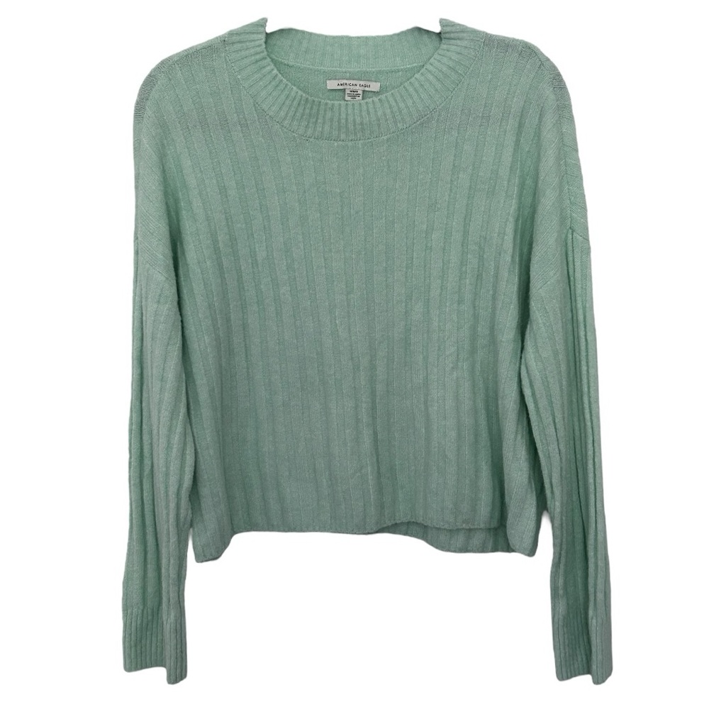 American Eagle Women’s Cropped Dreamspun Crew Neck Mint‎ Ribbed Sweater Sz M